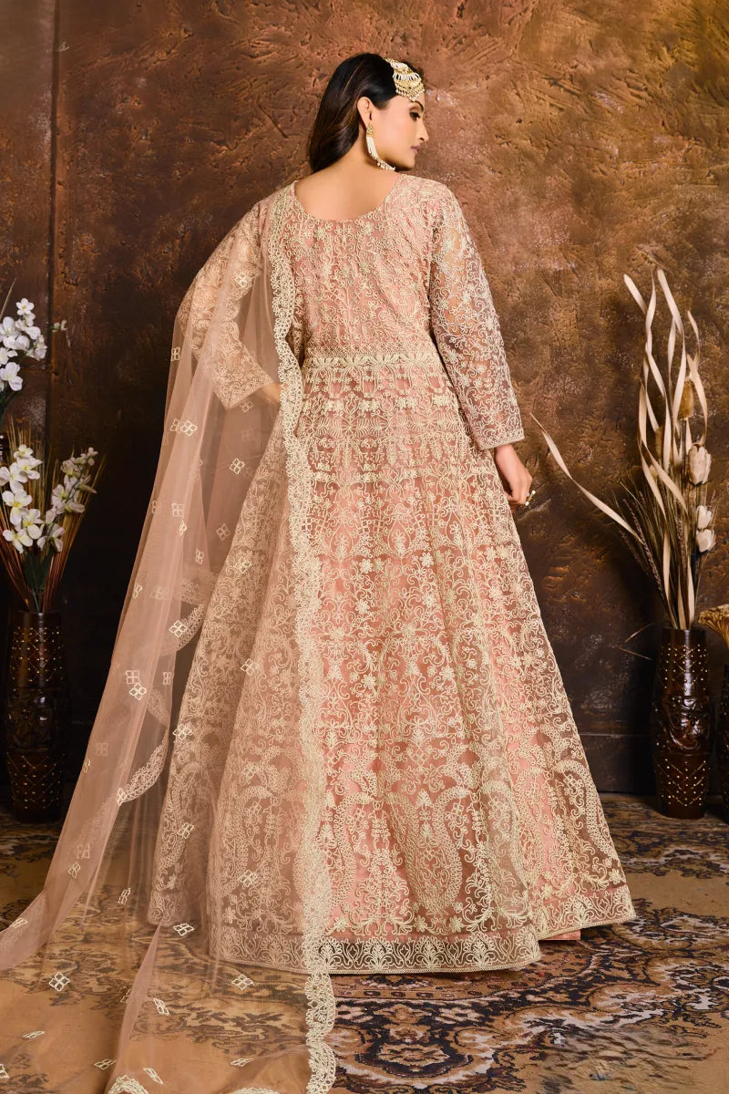 Peach Net Embroidered Anarkali Suit