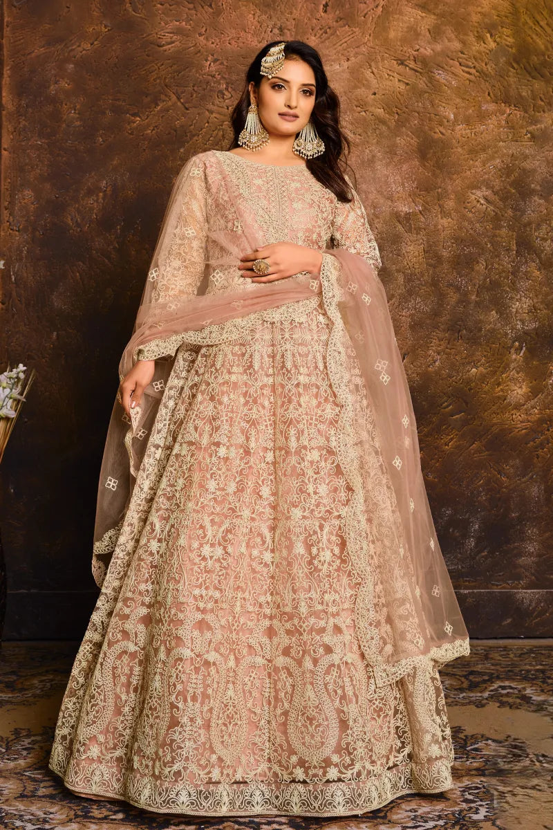 Peach Net Embroidered Anarkali Suit