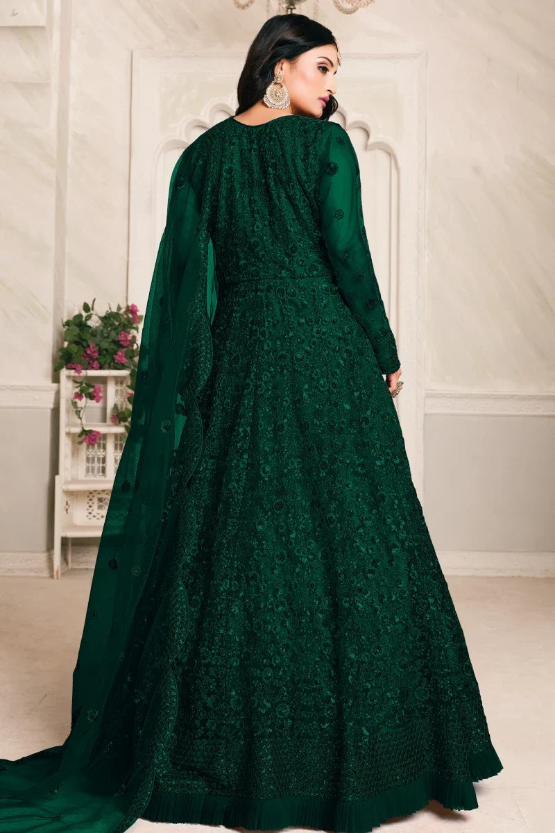 Green Net Embroidered Party Wear Gown
