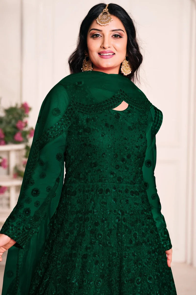 Green Net Embroidered Party Wear Gown