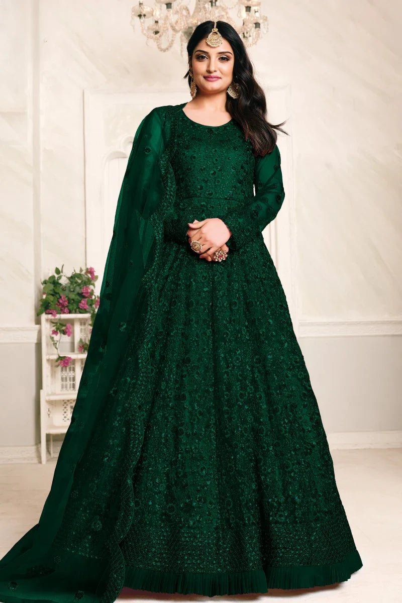 Green Net Embroidered Party Wear Gown