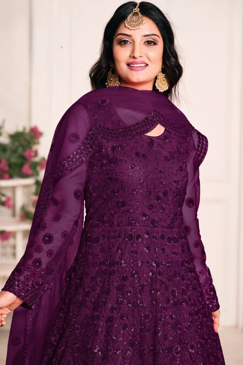 Wine Net Embroidered Party Wear Gown