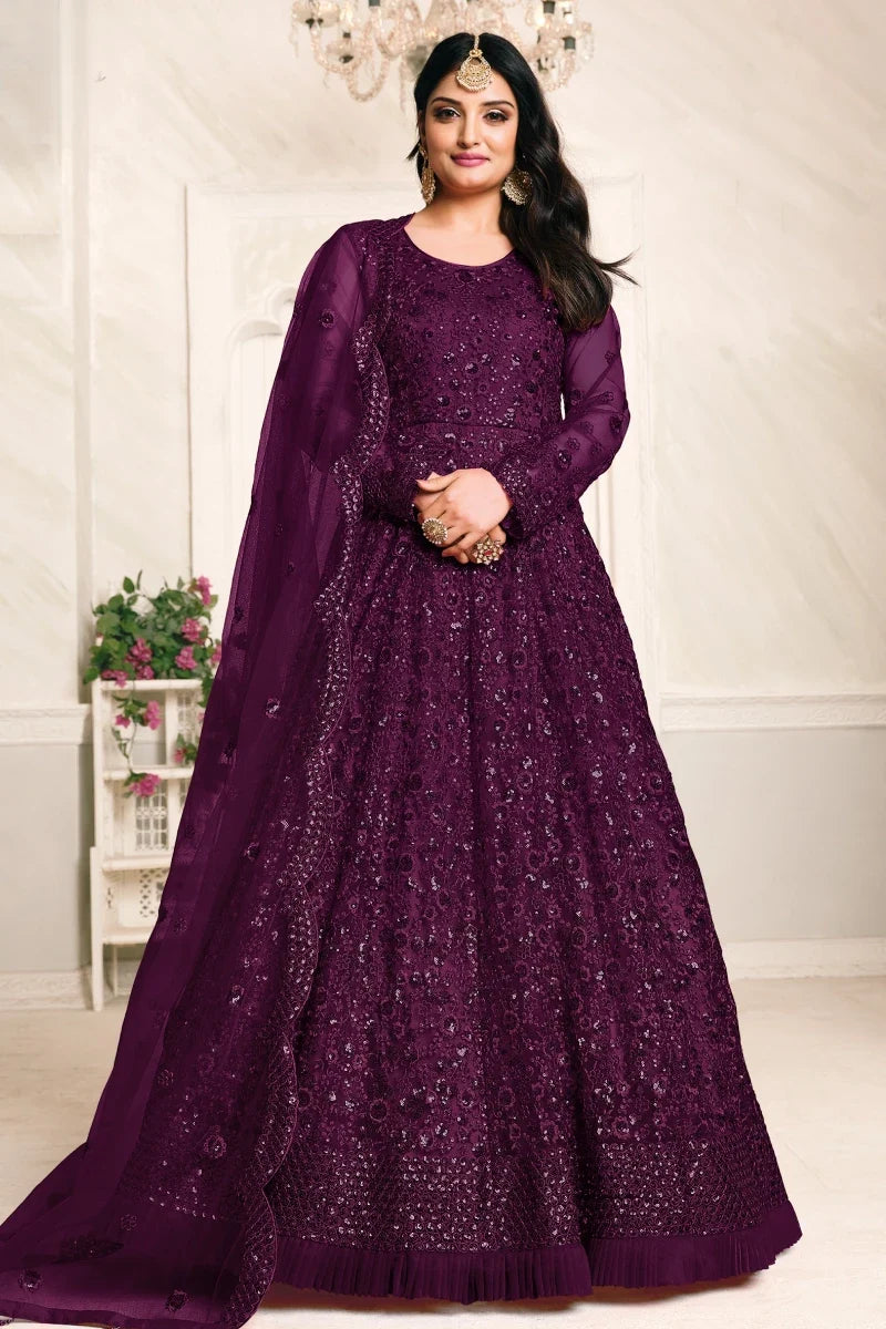 Wine Net Embroidered Party Wear Gown