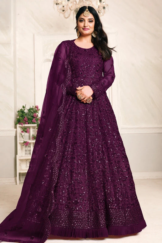 Wine Net Embroidered Party Wear Gown