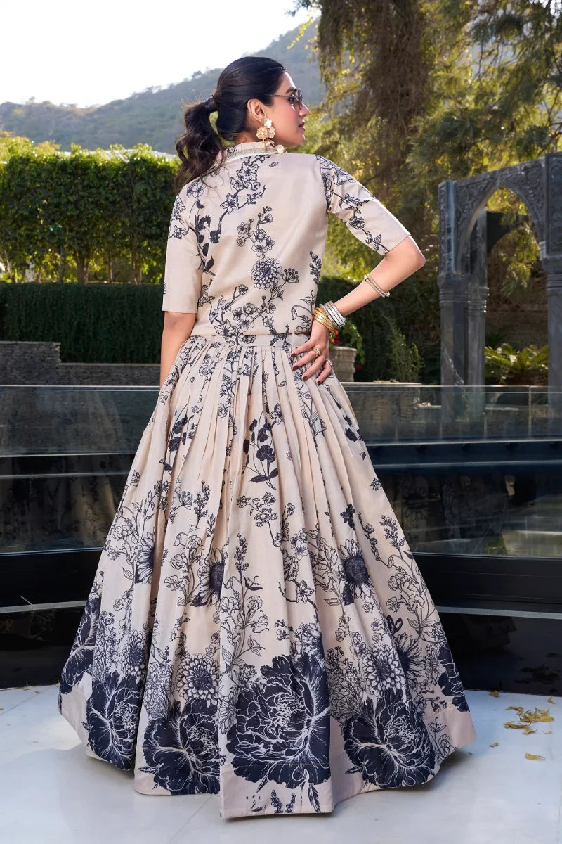 Cream & Blue Chinon Printent Lehenga with Jacket