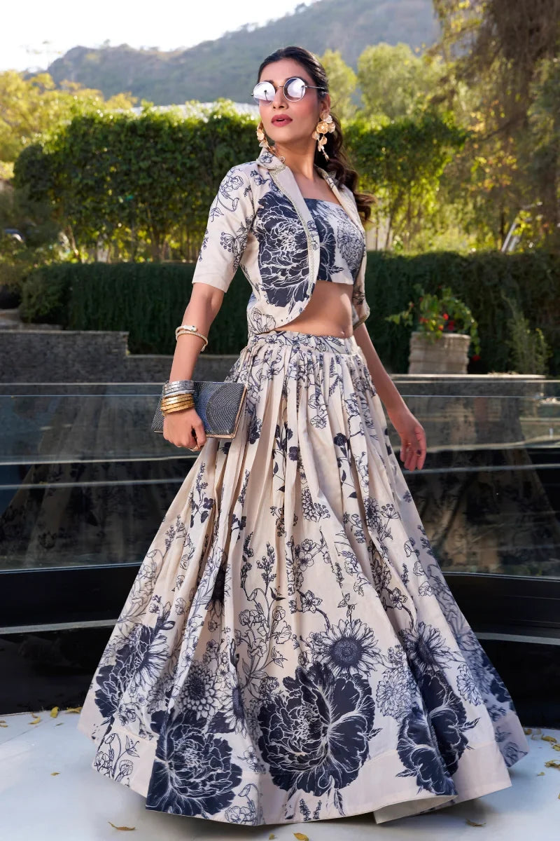 Cream & Blue Chinon Printent Lehenga with Jacket
