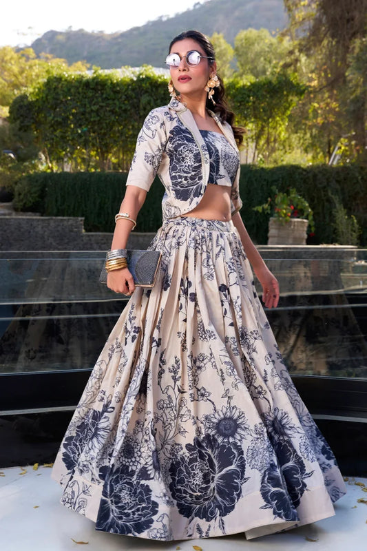 Cream & Blue Chinon Printent Lehenga with Jacket