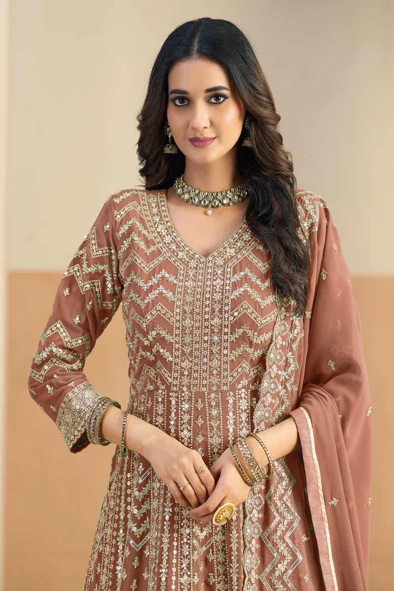 Pastel Brown Embroidered Georgette Anarkali Gown
