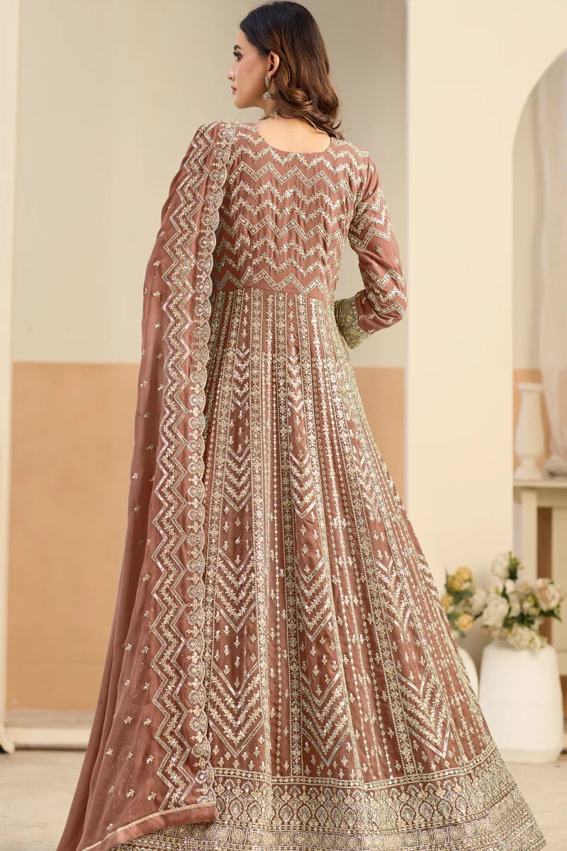 Pastel Brown Embroidered Georgette Anarkali Gown
