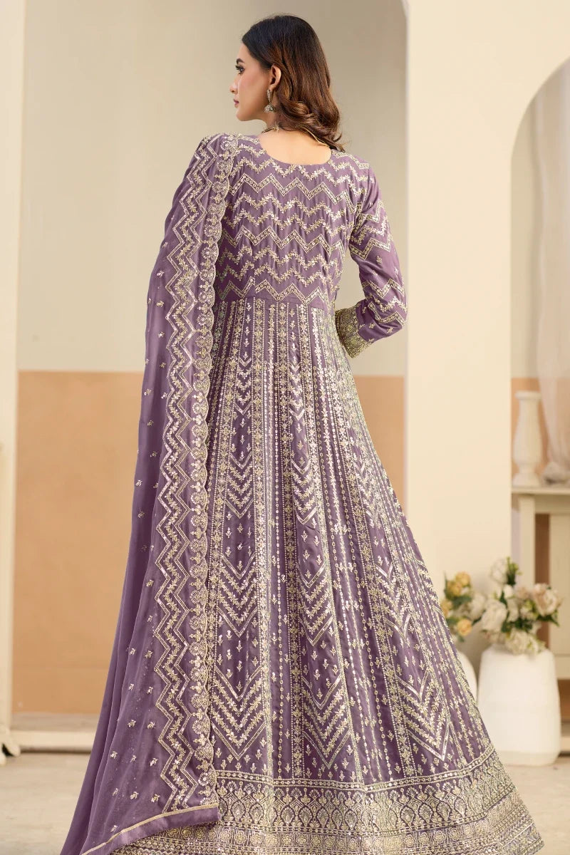 Pastel Purple Embroidered Georgette Anarkali Gown