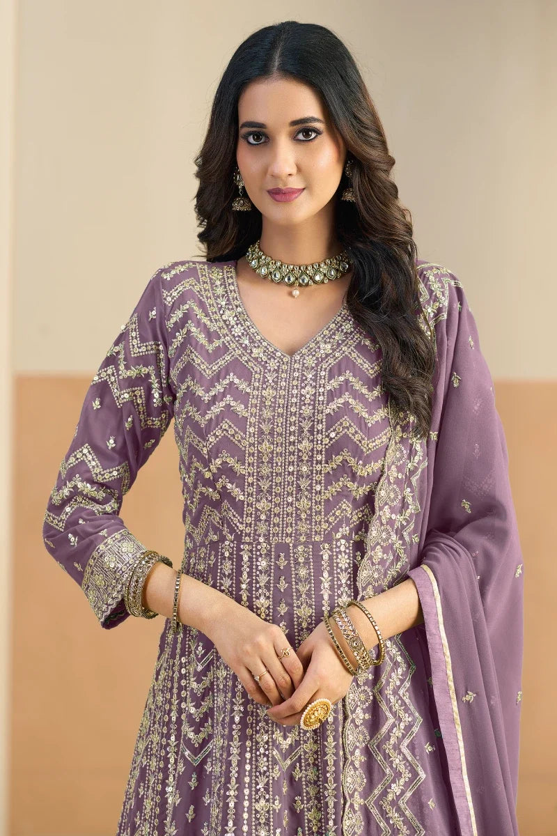 Pastel Purple Embroidered Georgette Anarkali Gown