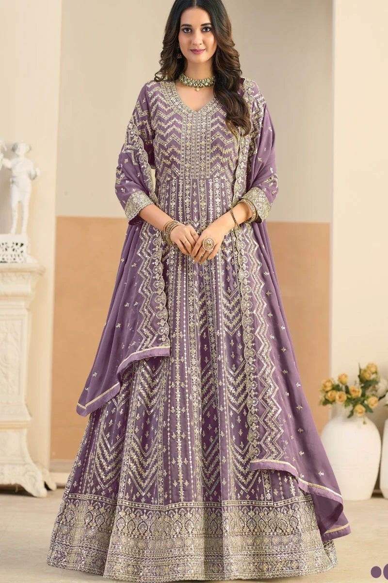 Pastel Purple Embroidered Georgette Anarkali Gown