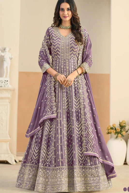 Pastel Purple Embroidered Georgette Anarkali Gown