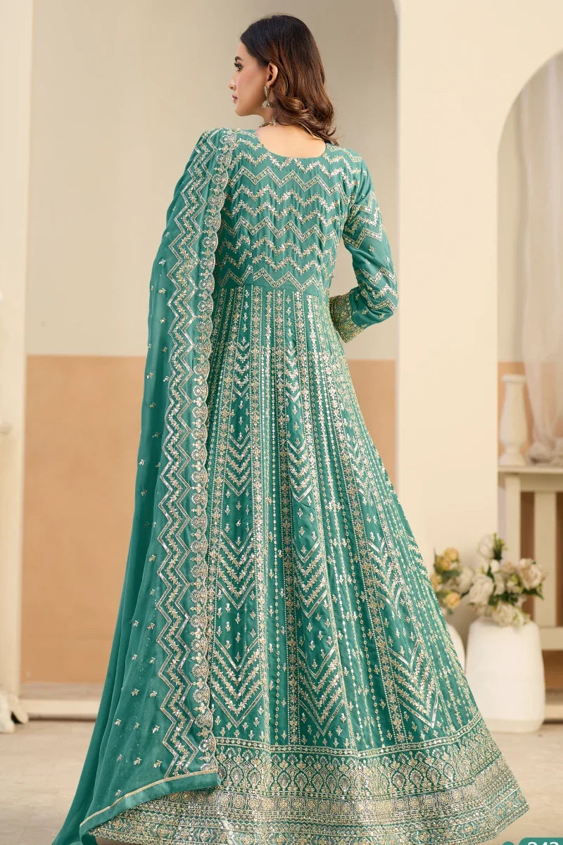 Pastel Green Embroidered Georgette Anarkali Gown
