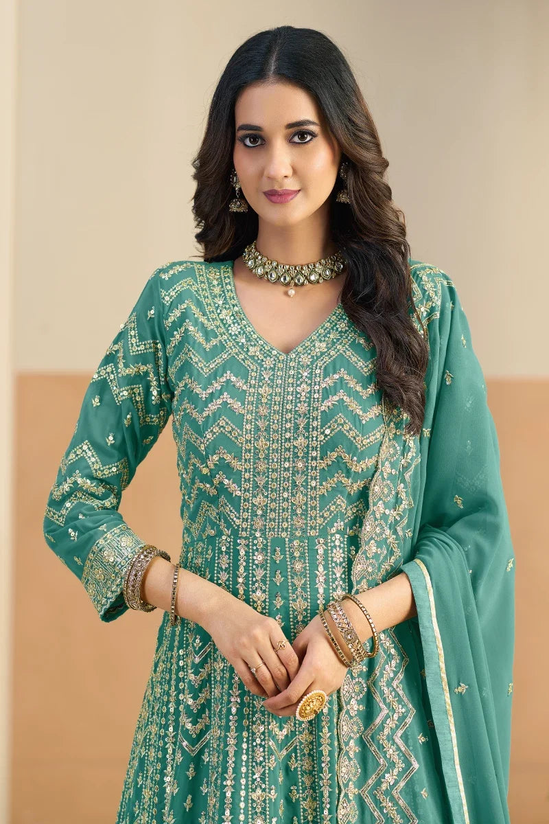 Pastel Green Embroidered Georgette Anarkali Gown