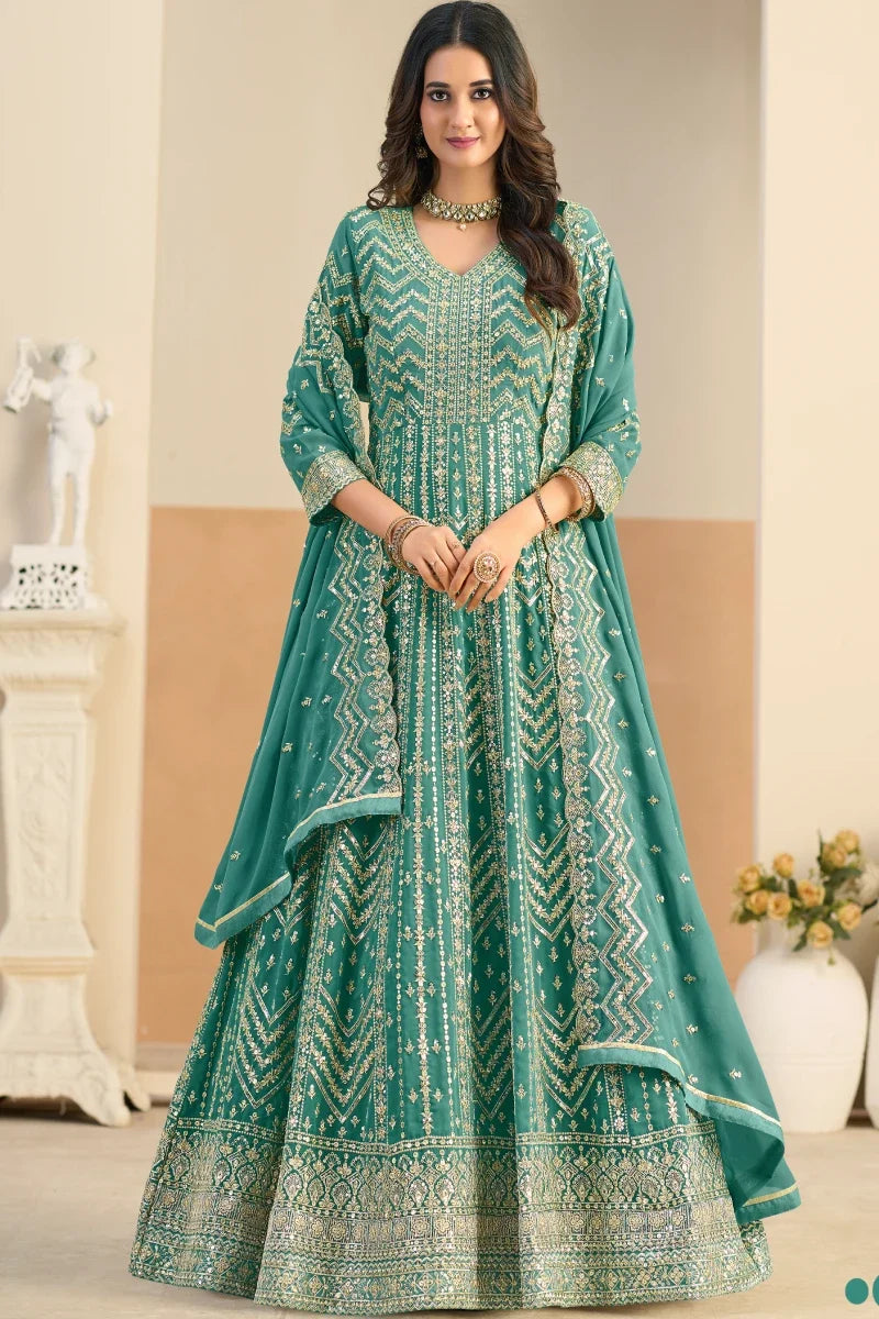 Pastel Green Embroidered Georgette Anarkali Gown