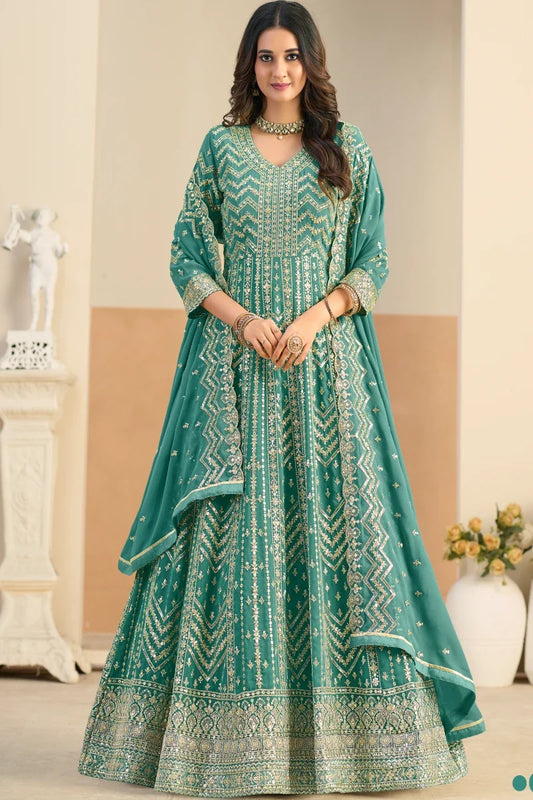 Pastel Green Embroidered Georgette Anarkali Gown