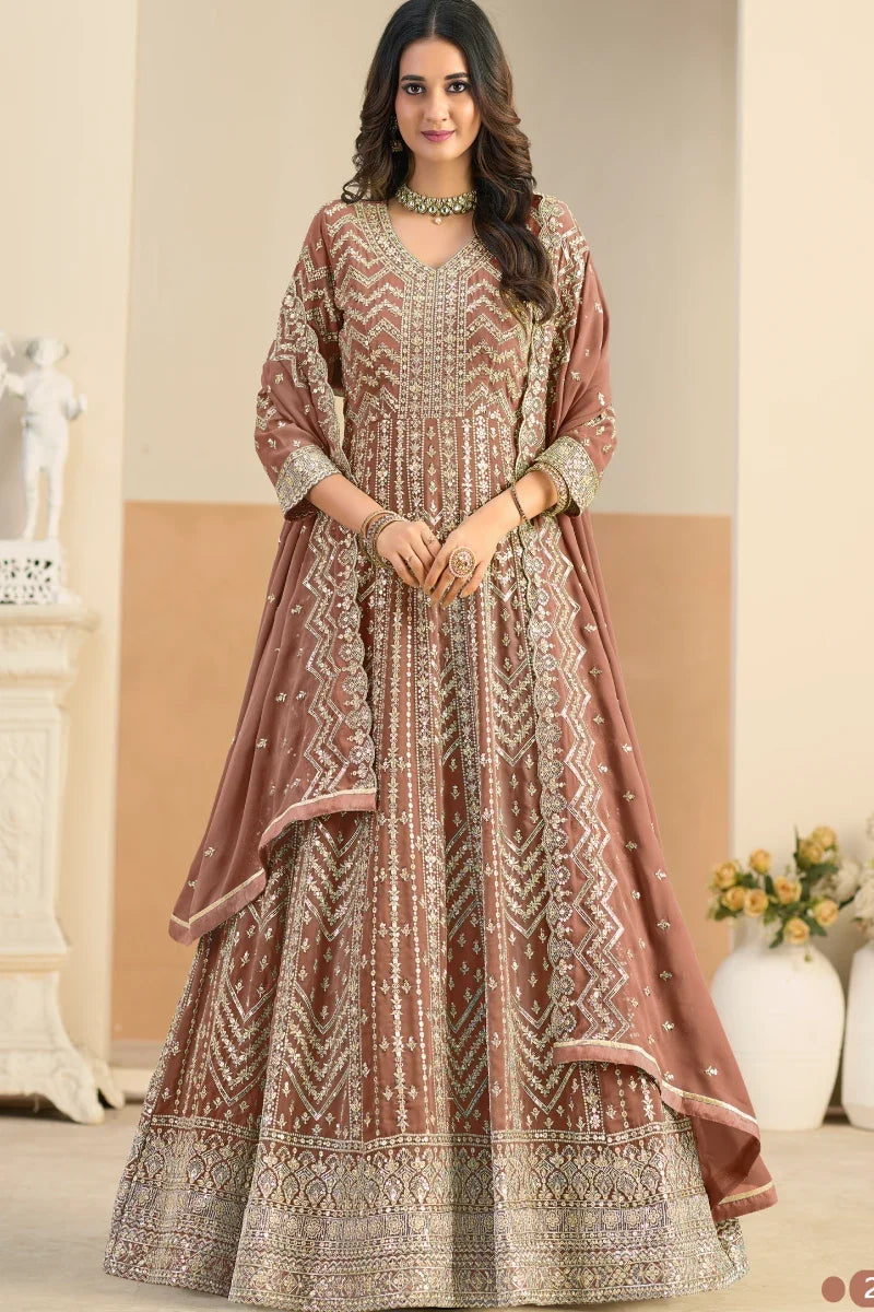 Pastel Brown Embroidered Georgette Anarkali Gown