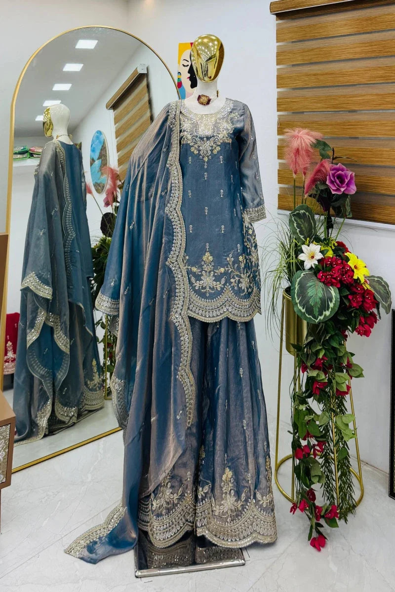 Grey Fendy Silk Embroidered Palazzo Suit