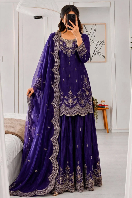 Dark Blue Fendy Silk Embroidered Palazzo Suit