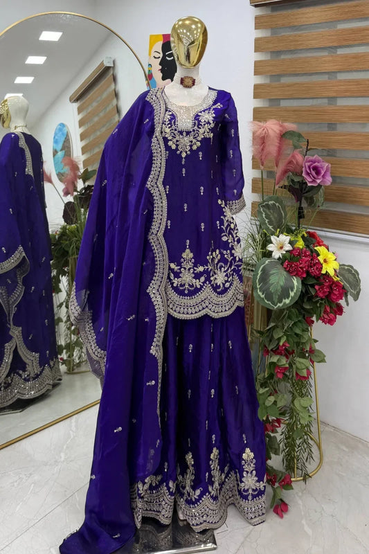 Dark Blue Fendy Silk Embroidered Palazzo Suit