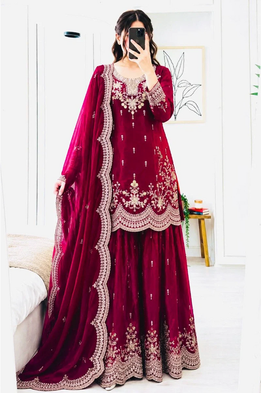 Cherry Red Fendy Silk Embroidered Palazzo Suit