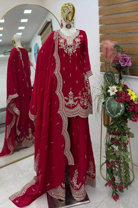 Cherry Red Fendy Silk Embroidered Palazzo Suit