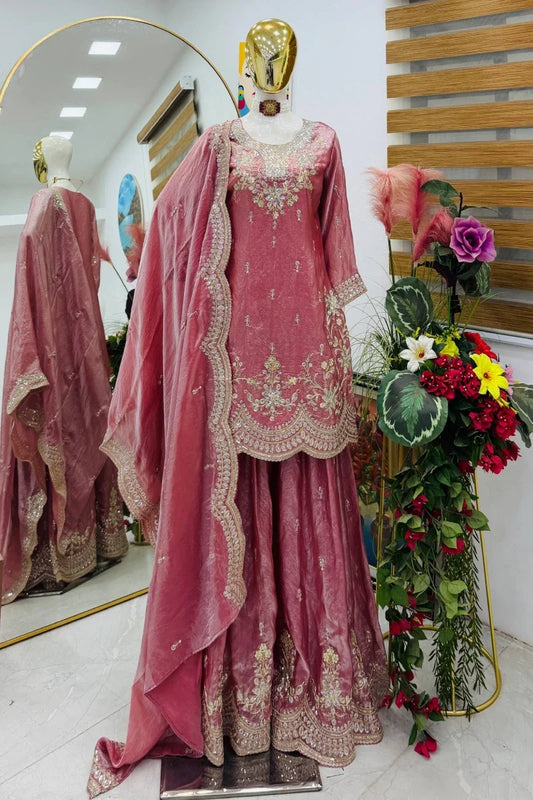 Pink Fendy Silk Embroidered Palazzo Suit