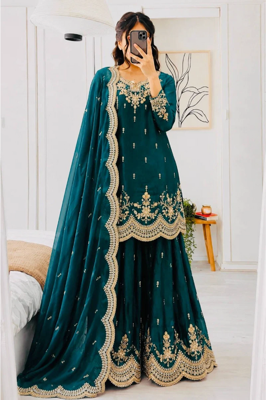 Green Fendy Silk Embroidered Palazzo Suit