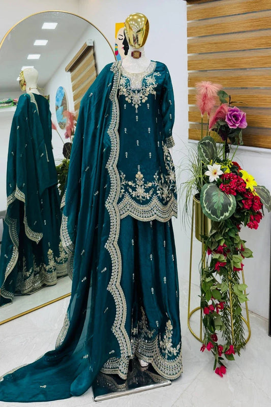 Green Fendy Silk Embroidered Palazzo Suit
