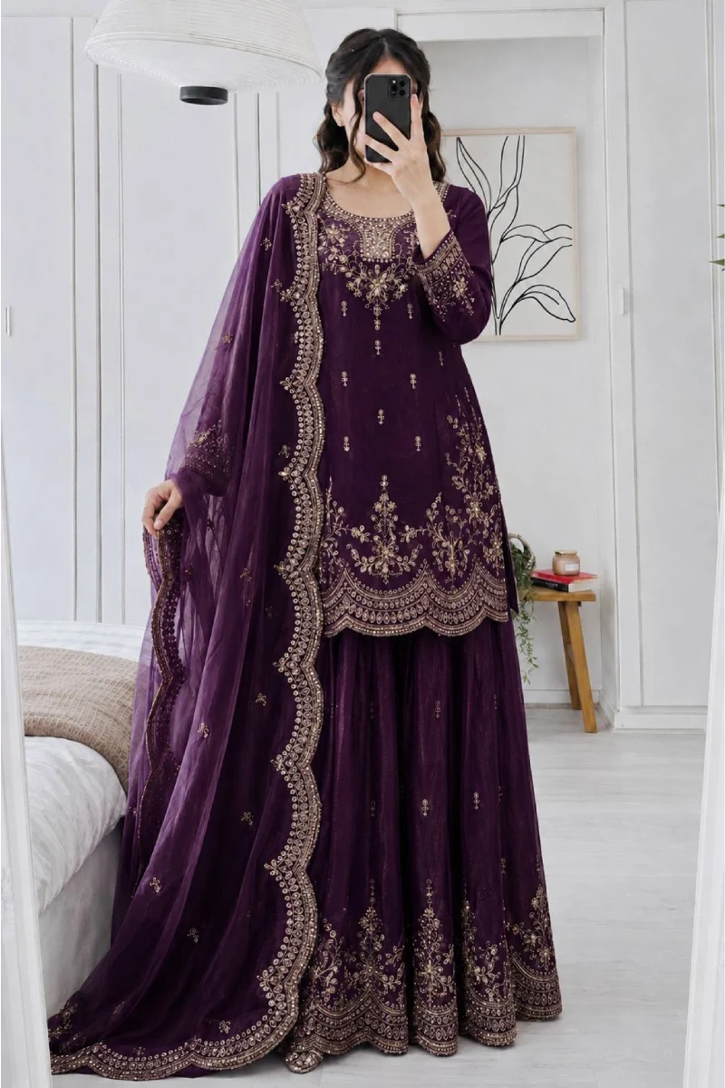 Wine Fendy Silk Embroidered Palazzo Suit