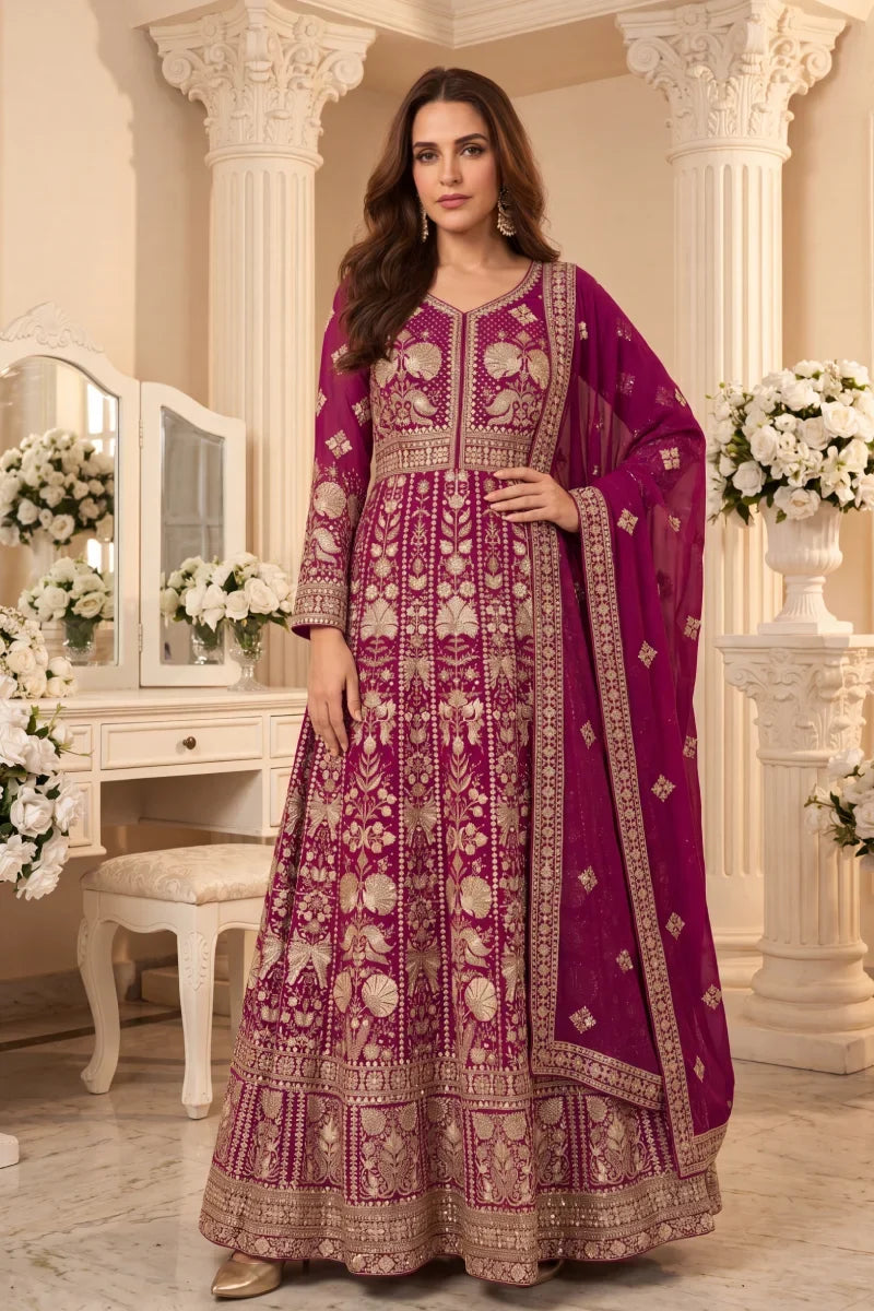 Rani Pink Chinon Front & Back Embroidered Anarkali Gown