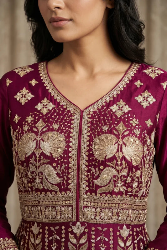 Rani Pink Chinon Front & Back Embroidered Anarkali Gown