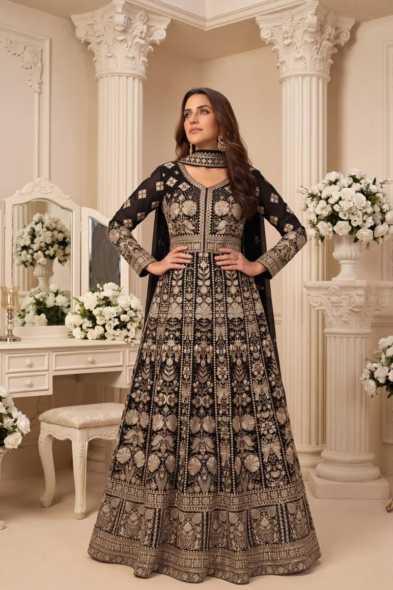 Black Chinon Front & Back Embroidered Anarkali Gown