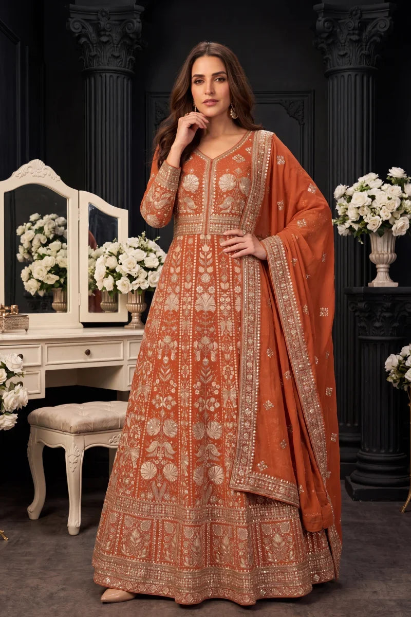 Orange Chinon Front & Back Embroidered Anarkali Gown