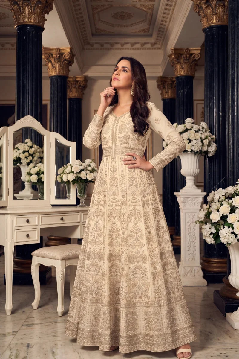 Cream Chinon Front & Back Embroidered Anarkali Gown