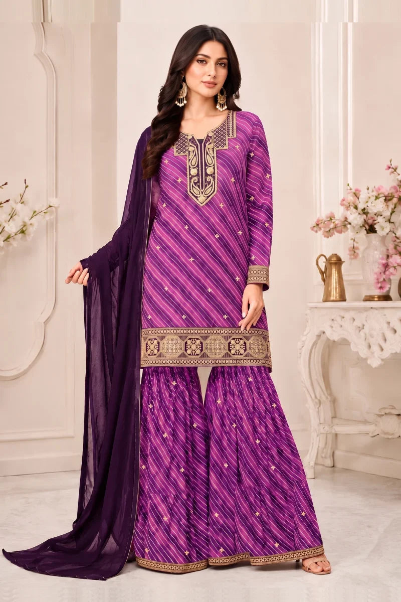 Purple Leheriya Georgette Embroidered Palazzo Suit