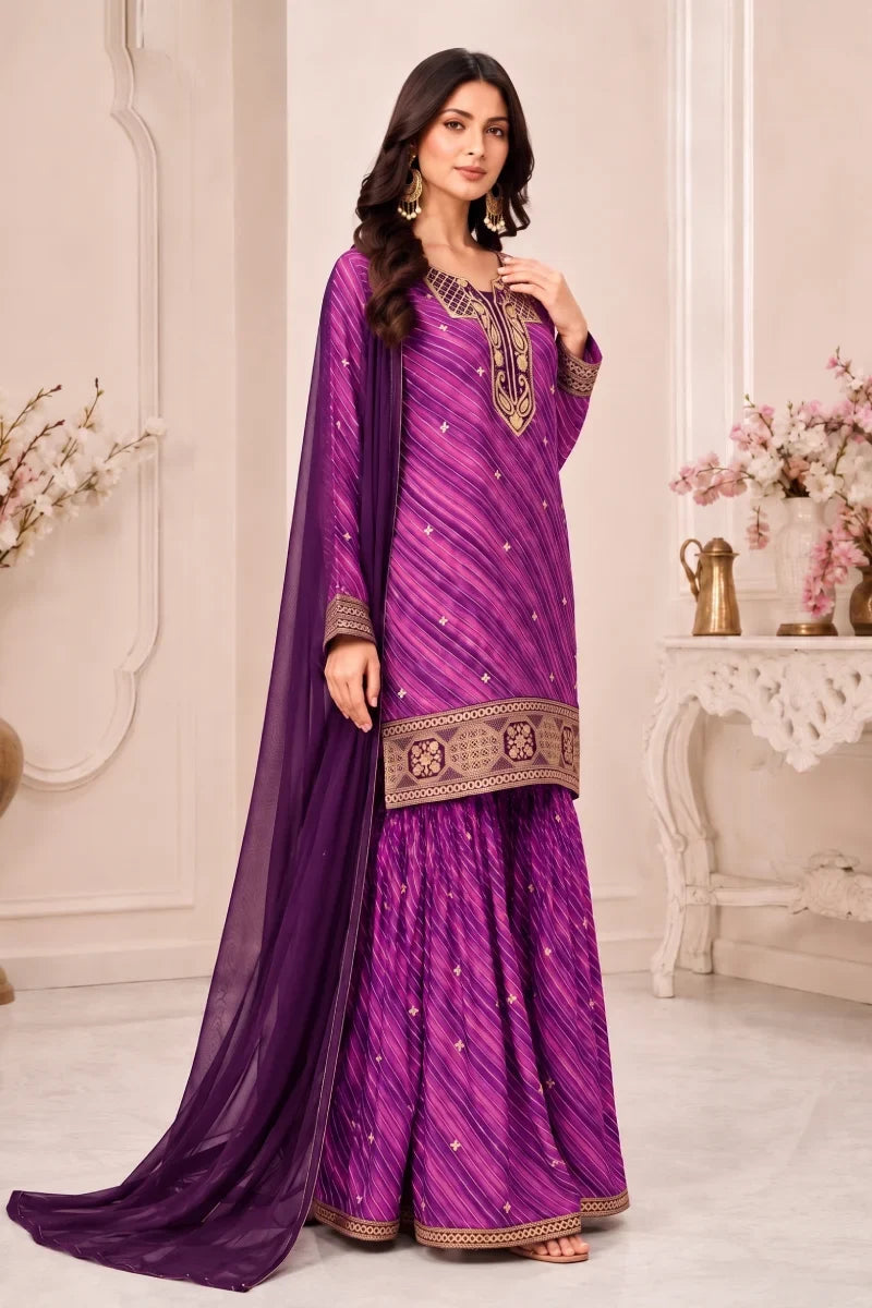 Purple Leheriya Georgette Embroidered Palazzo Suit