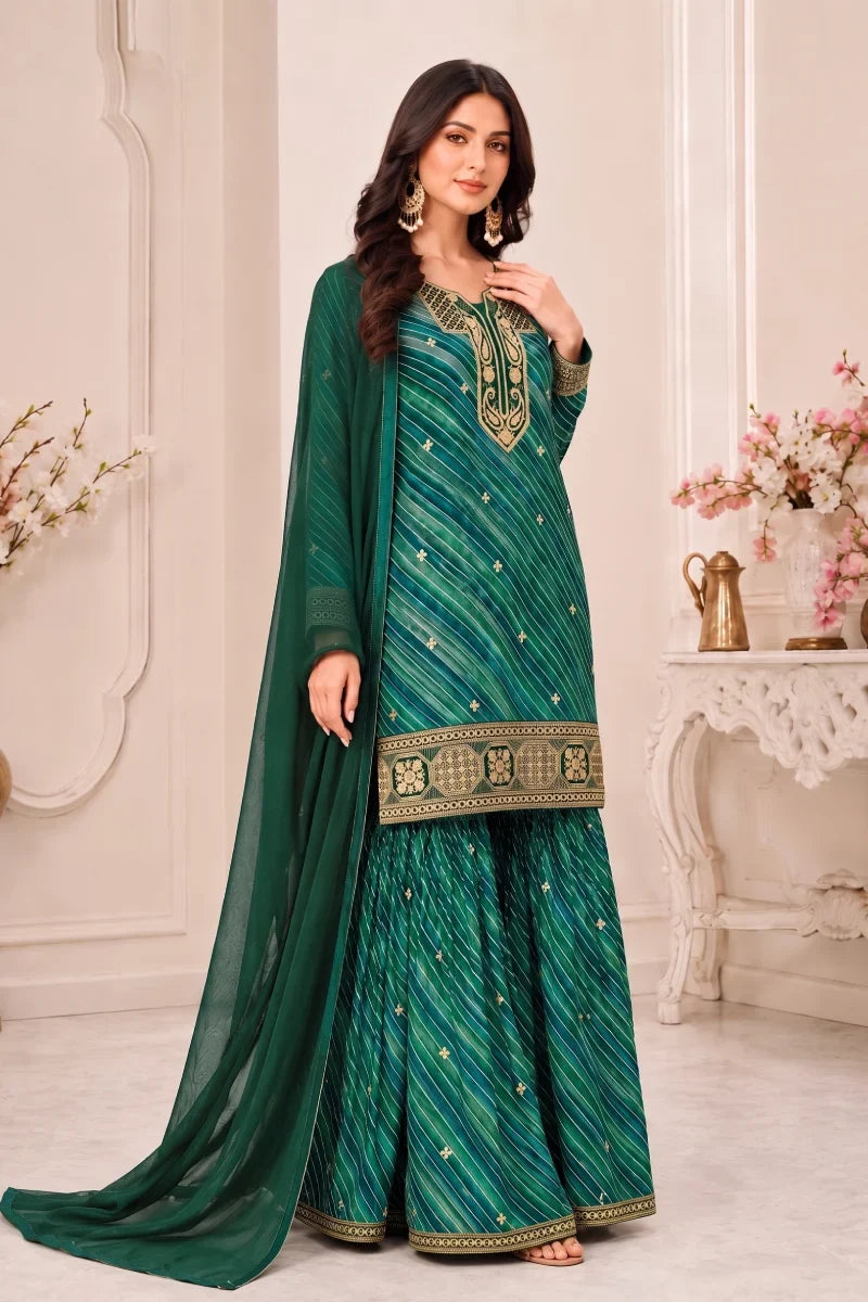 Green Leheriya Georgette Embroidered Palazzo Suit
