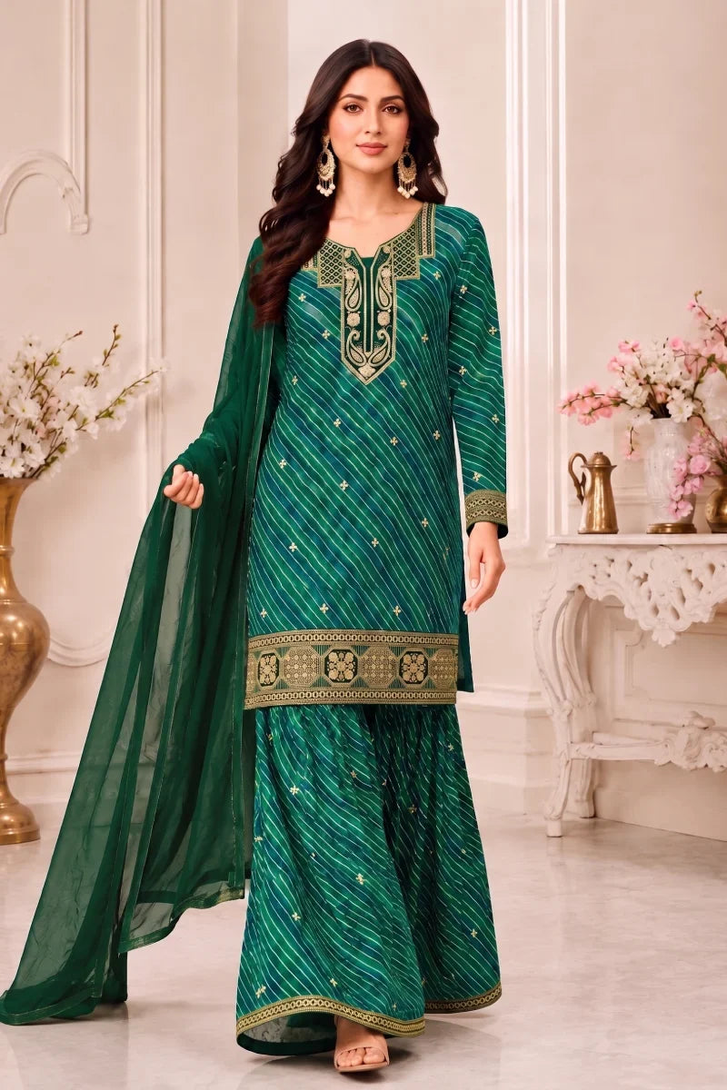 Green Leheriya Georgette Embroidered Palazzo Suit