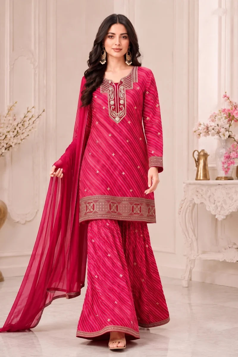 Red Leheriya Georgette Embroidered Palazzo Suit