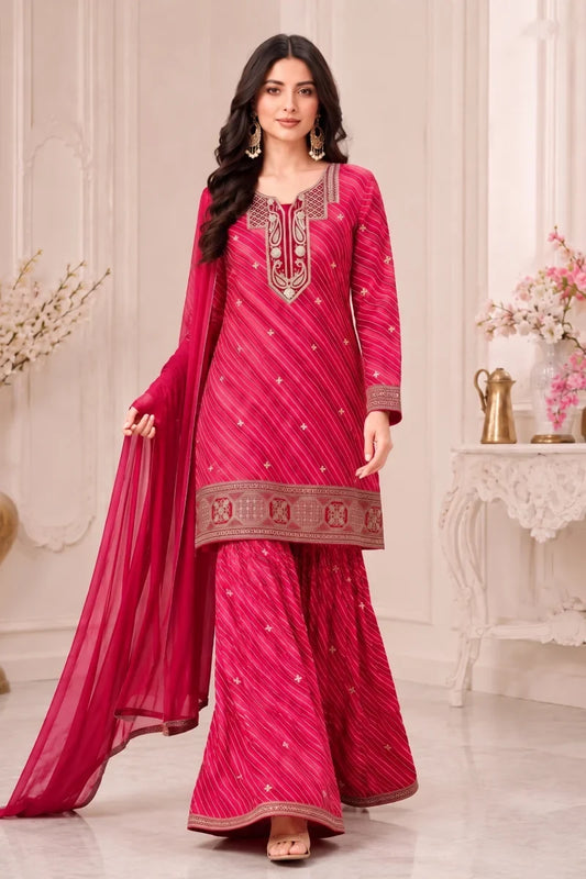 Red Leheriya Georgette Embroidered Palazzo Suit
