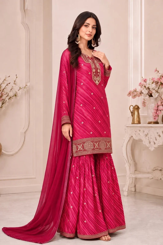 Red Leheriya Georgette Embroidered Palazzo Suit