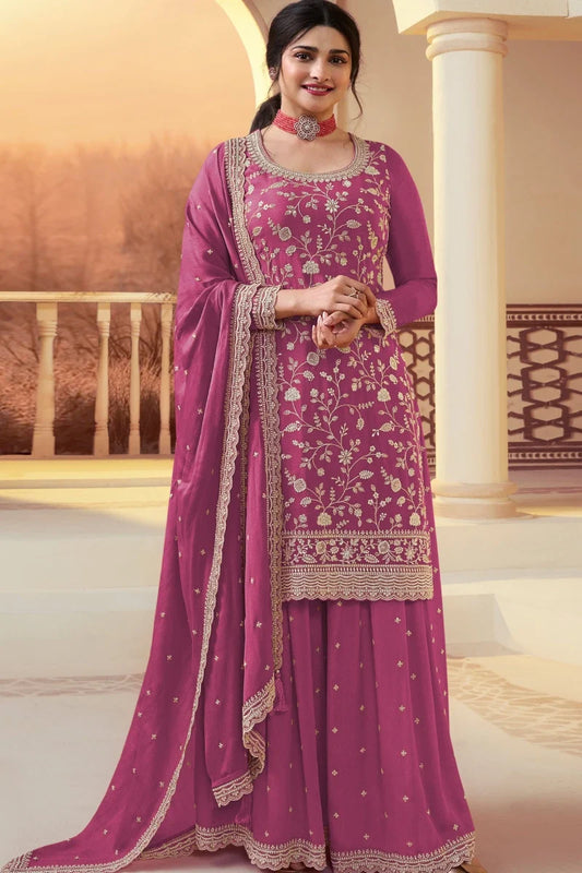 Rani Pink Chinon Heavy Embroidered Palazzo Suit