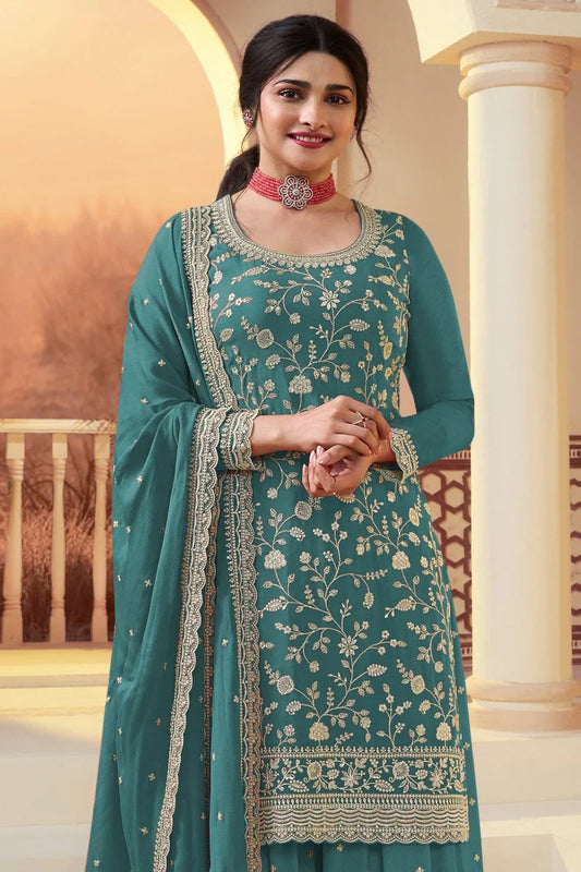 Rama Green Chinon Heavy Embroidered Palazzo Suit