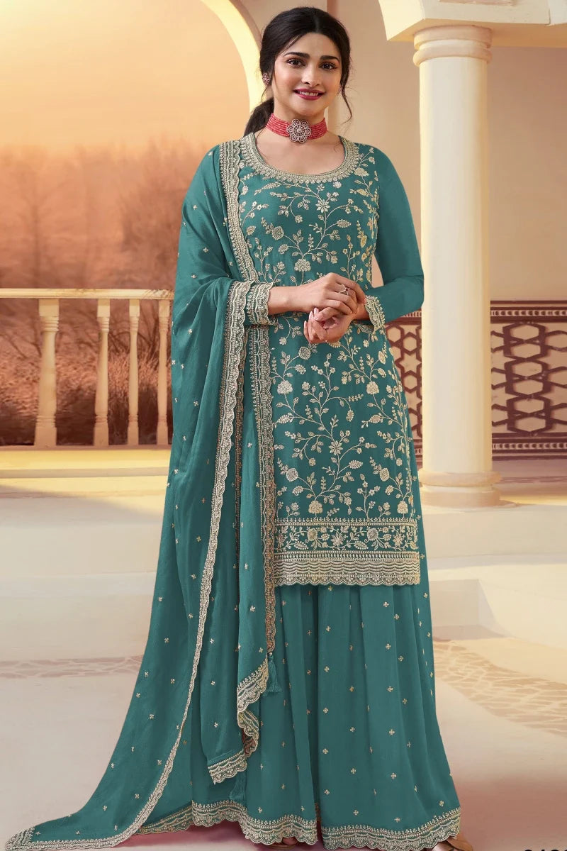 Rama Green Chinon Heavy Embroidered Palazzo Suit