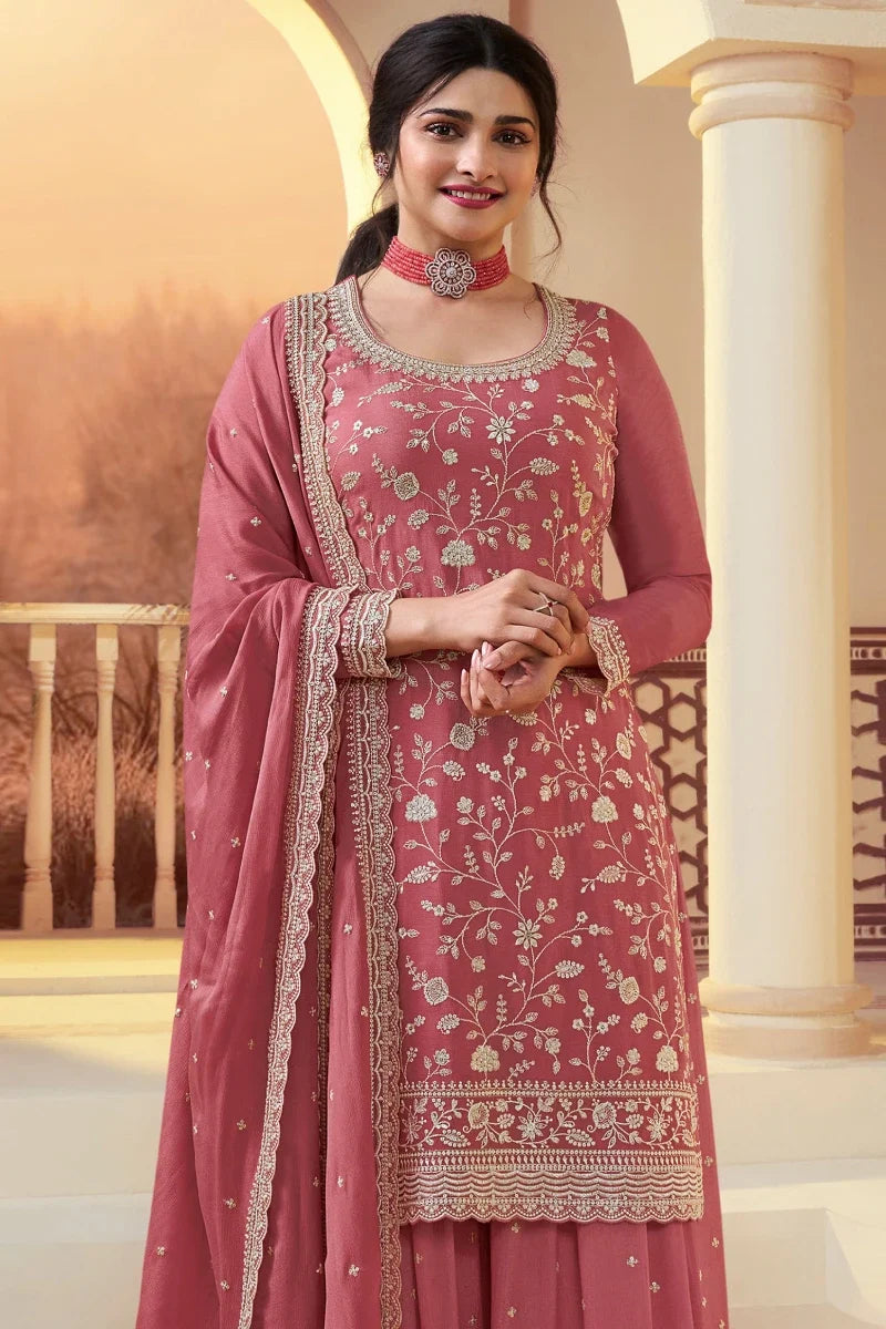 Peach Chinon Heavy Embroidered Palazzo Suit