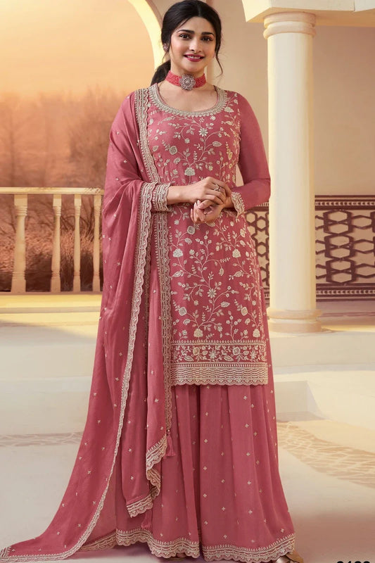 Peach Chinon Heavy Embroidered Palazzo Suit