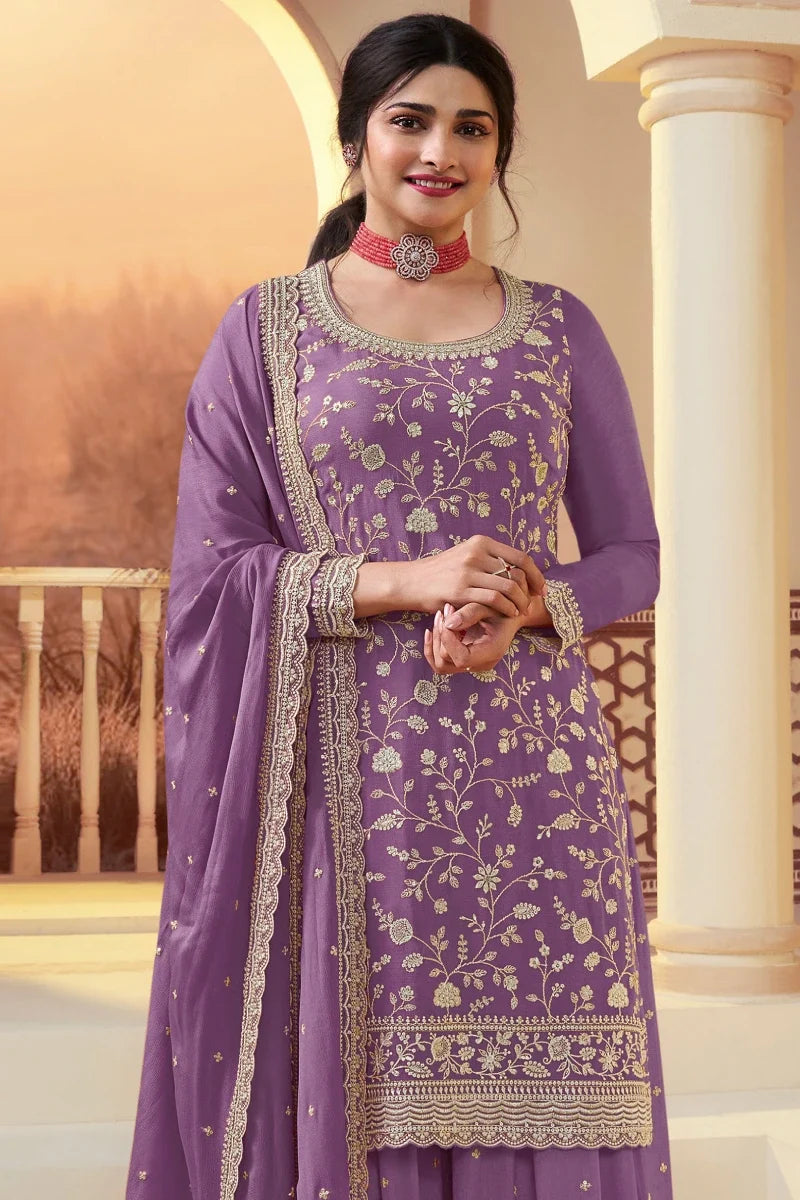 Lavendar Chinon Heavy Embroidered Palazzo Suit