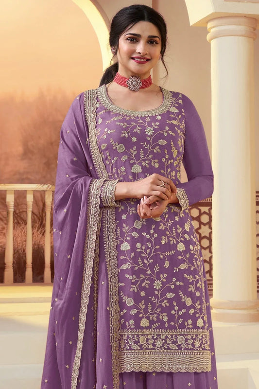 Lavendar Chinon Heavy Embroidered Palazzo Suit